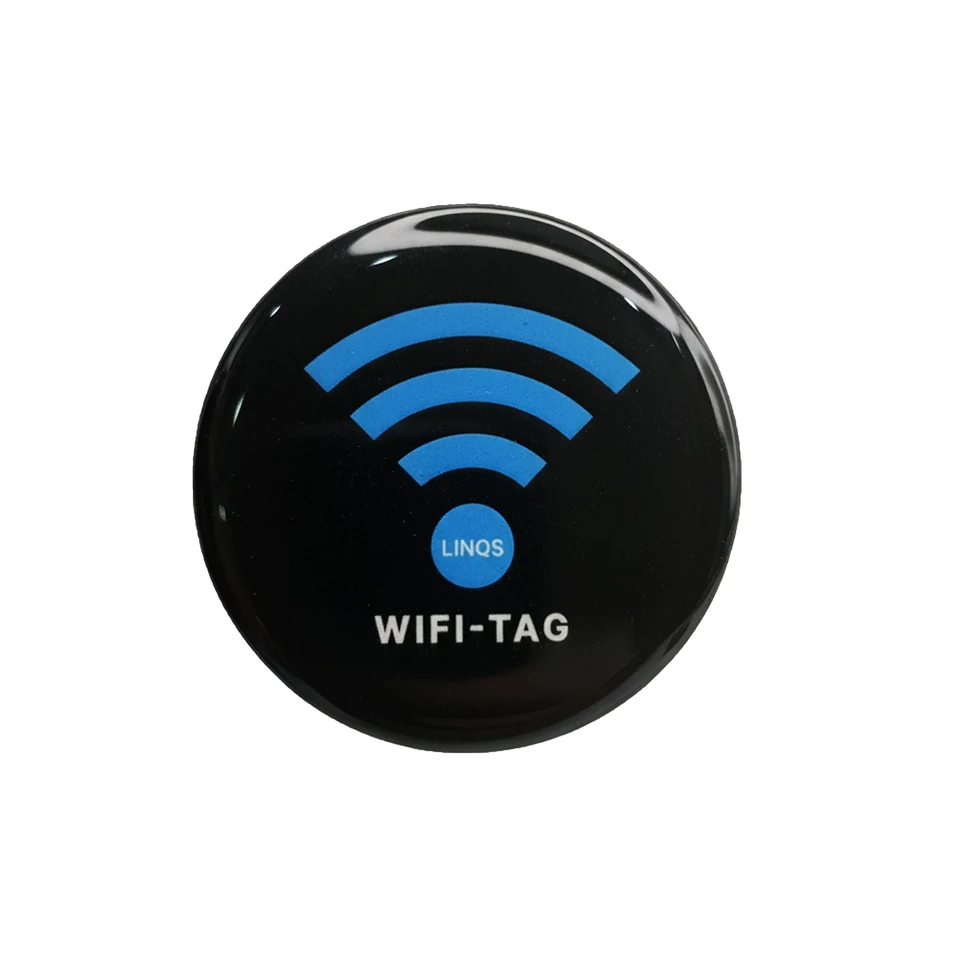 Actual black 50 mm LINQS WiFi Tag, with a blue Wi-Fi symbol and glossy epoxy dome