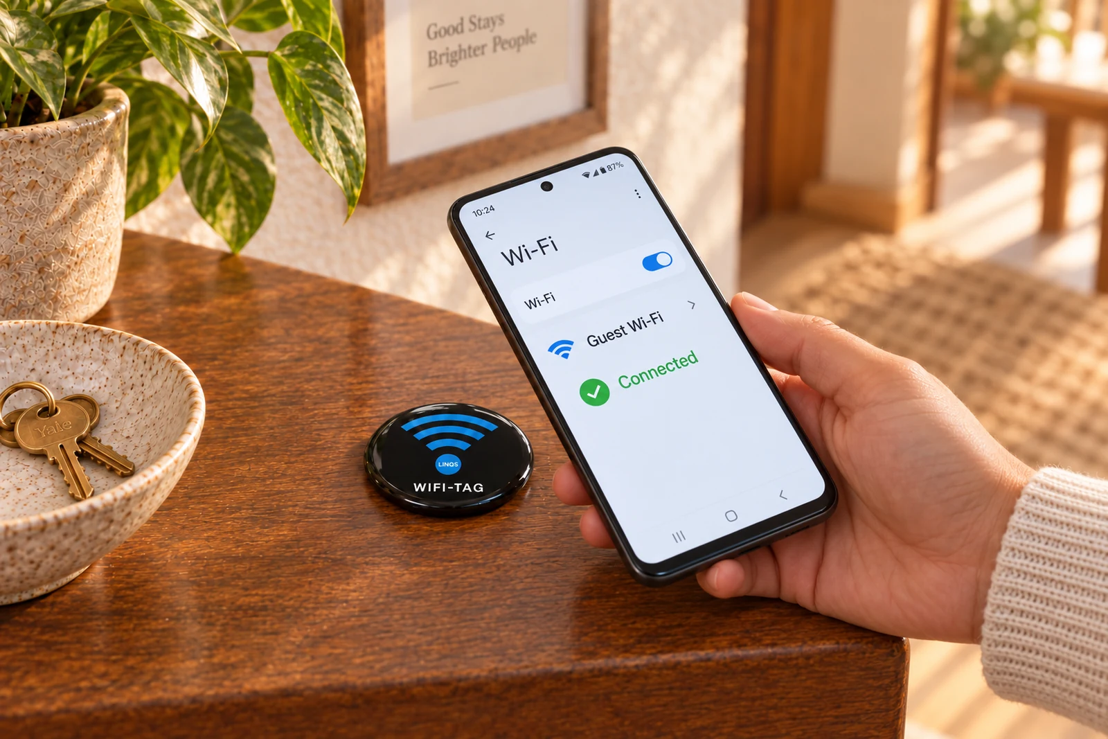 A guest holds a phone showing Guest Wi-Fi connected beside an aligned black LINQS WiFiTag; an illustrated result after connection steps